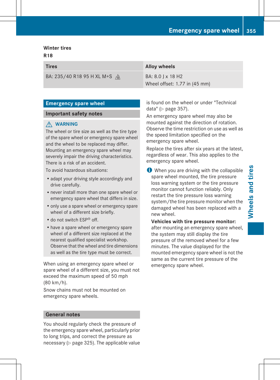 Emergency spare wheel, Important safety notes, General notes | Wheels and tires | Mercedes-Benz E-Cab 2013 Owners Manual User Manual | Page 357 / 372