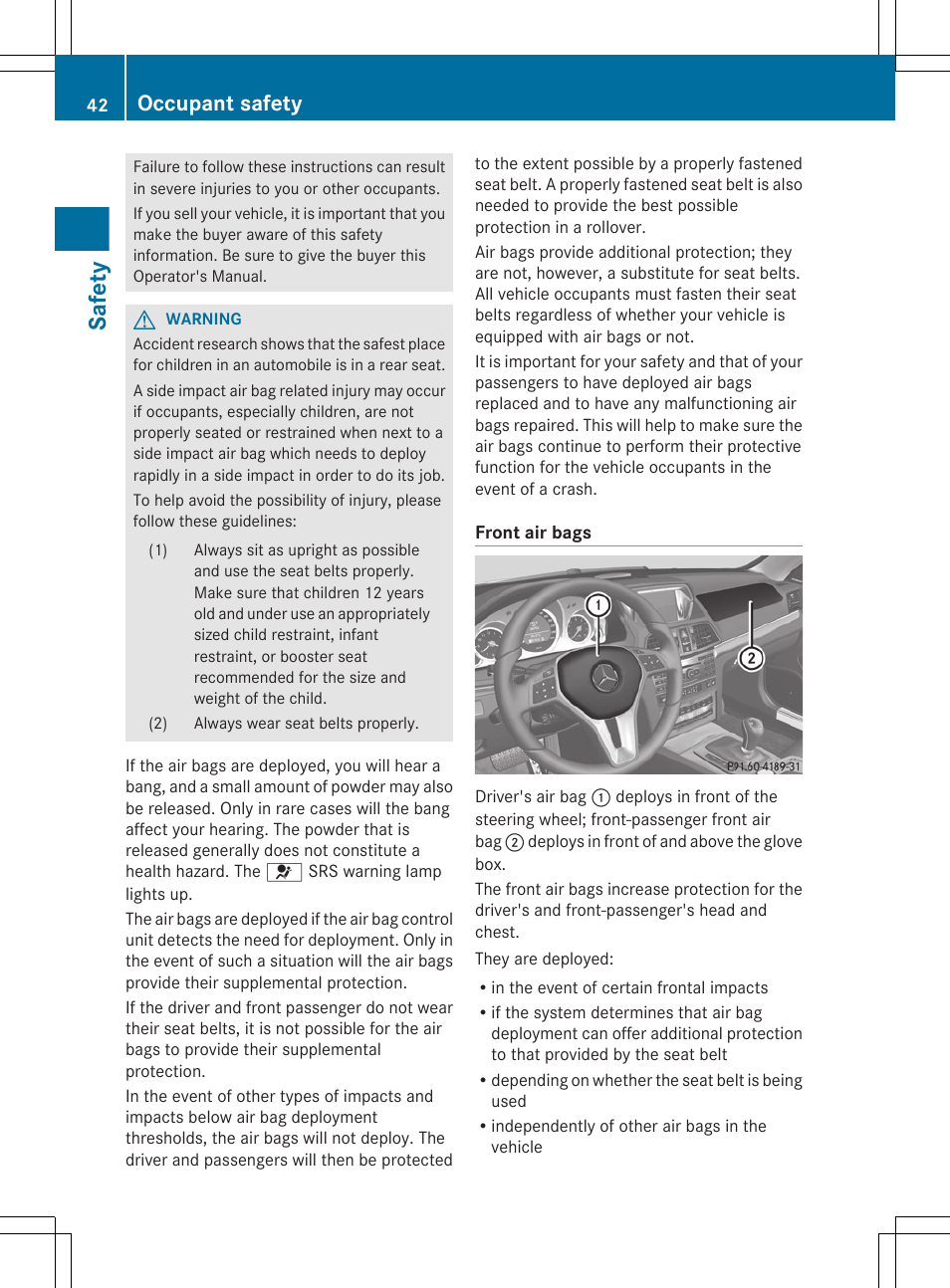 Safety, Occupant safety | Mercedes-Benz E-Cab 2013 Owners Manual User Manual | Page 44 / 372