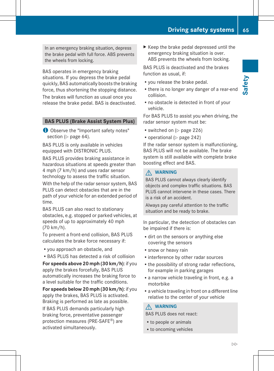 Bas plus (brake assist system plus), Safety, Driving safety systems | Mercedes-Benz E-Cab 2013 Owners Manual User Manual | Page 67 / 372