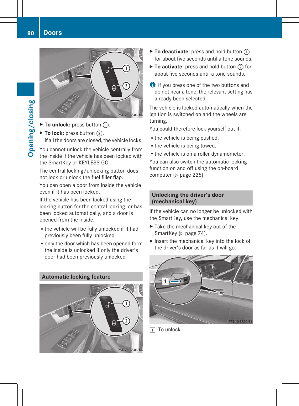 Automatic locking feature, Unlocking the driver's door (mechanical key), Opening/closing | Doors | Mercedes-Benz E-Cab 2013 Owners Manual User Manual | Page 82 / 372