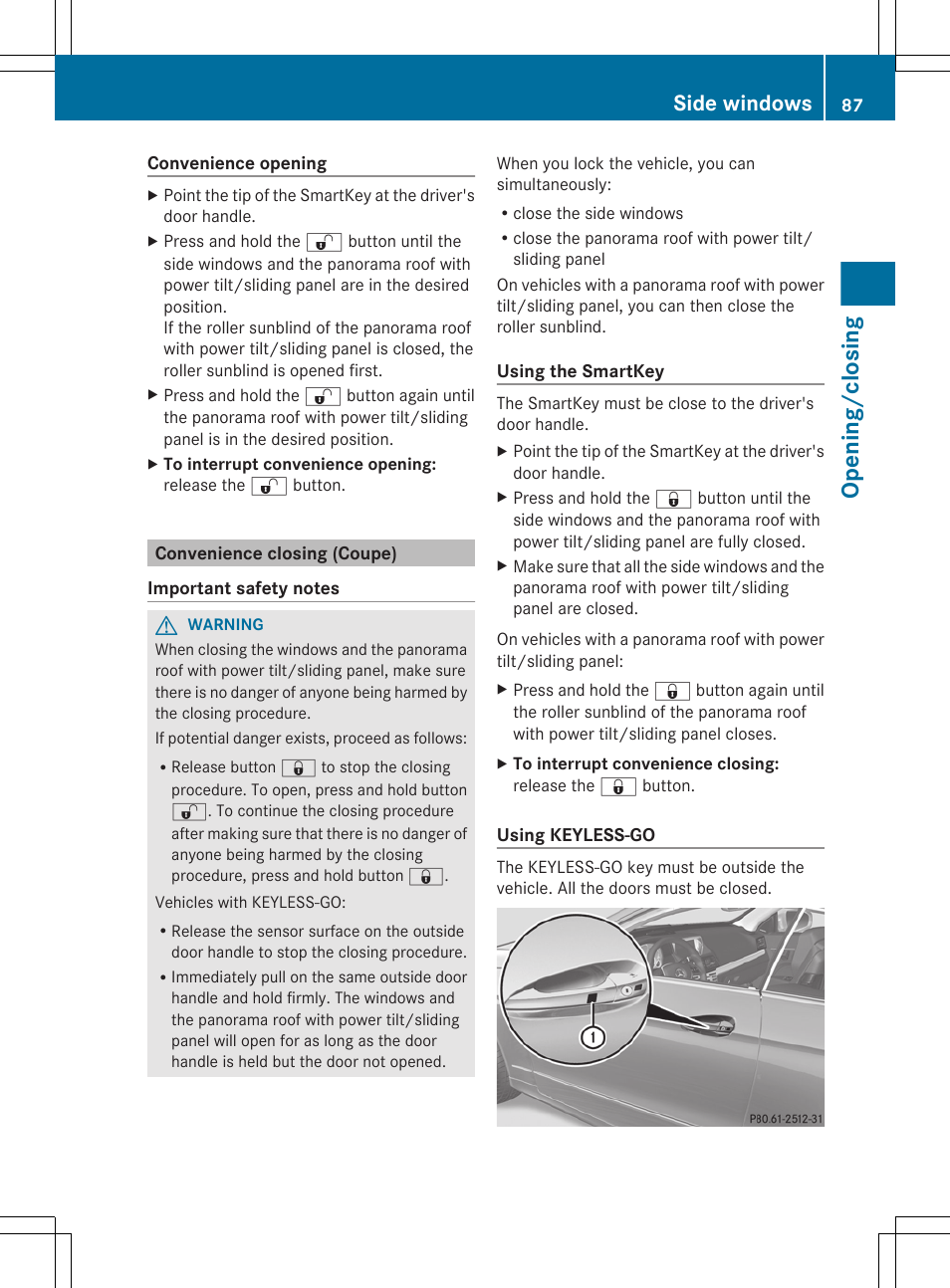 Convenience closing (coupe), Opening/closing, Side windows | Mercedes-Benz E-Cab 2013 Owners Manual User Manual | Page 89 / 372