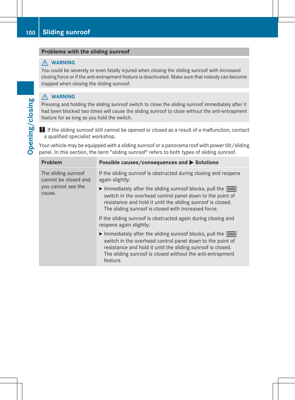 Problems with the sliding sunroof, Opening/closing, Sliding sunroof | Mercedes-Benz E-Wagon 2013 Owners Manual User Manual | Page 102 / 420