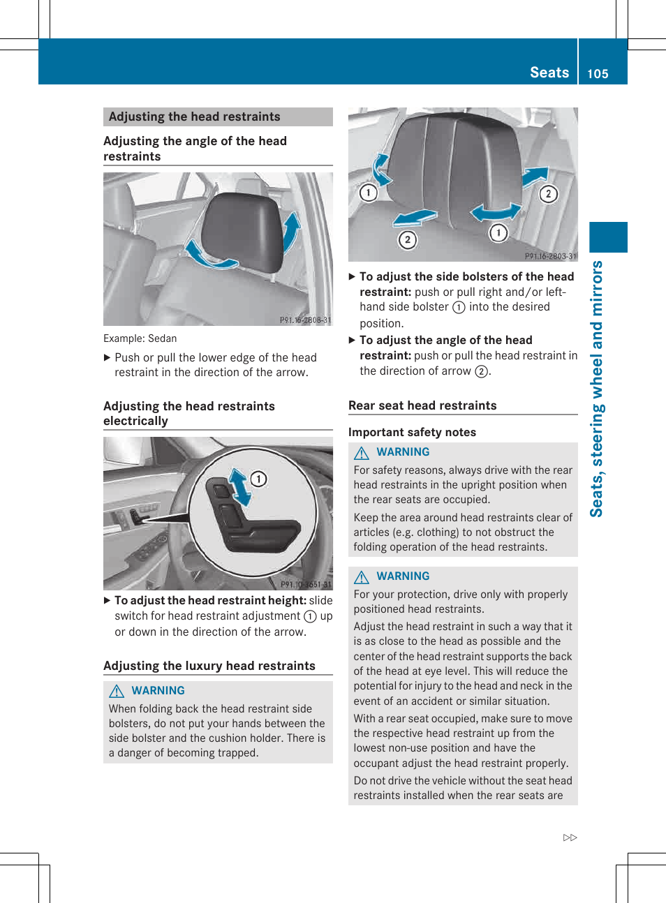 Adjusting the head restraints, Seats, steering wheel and mirrors, Seats | Mercedes-Benz E-Wagon 2013 Owners Manual User Manual | Page 107 / 420