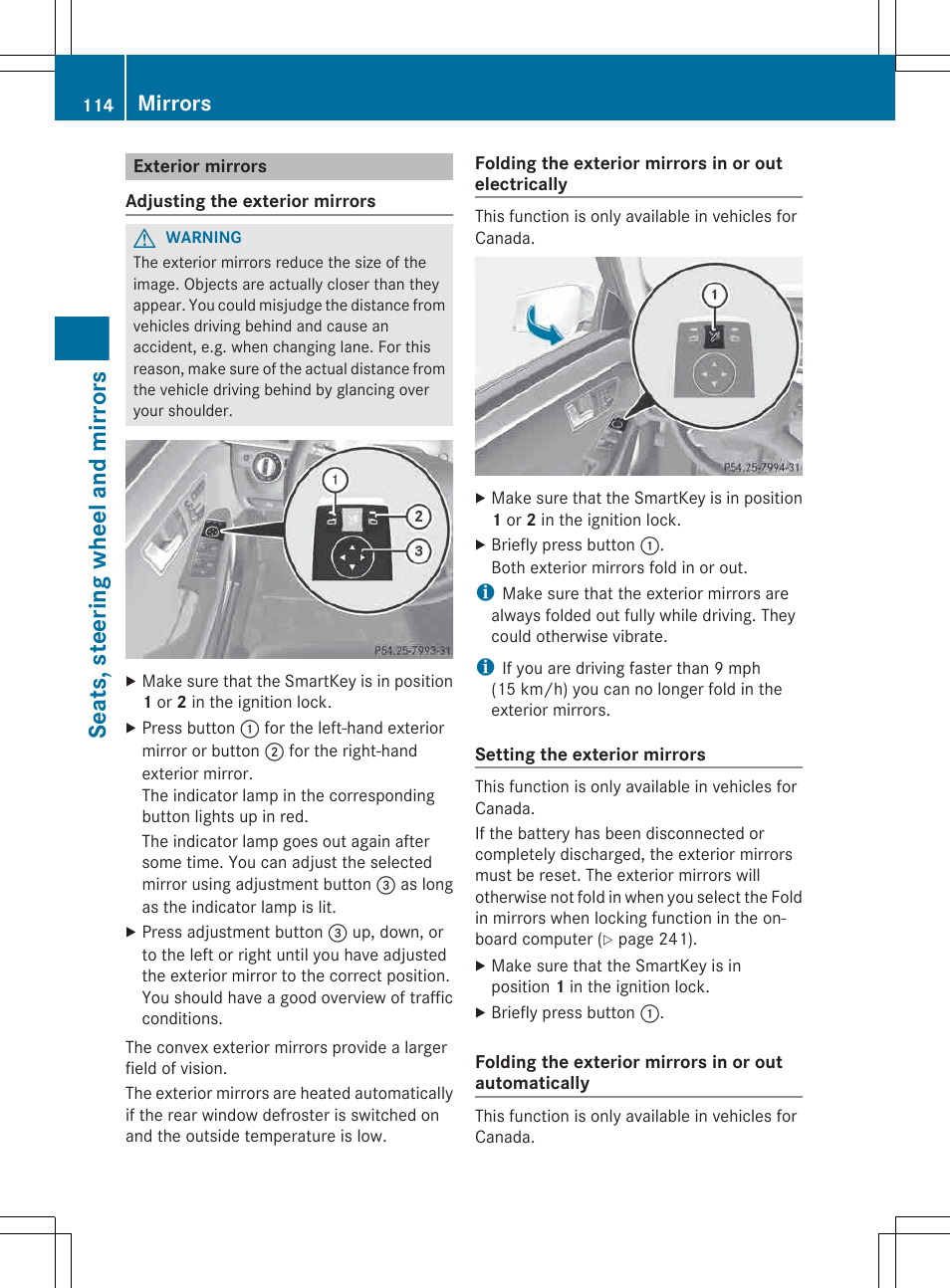 Exterior mirrors, Seats, steering wheel and mirrors, Mirrors | Mercedes-Benz E-Wagon 2013 Owners Manual User Manual | Page 116 / 420