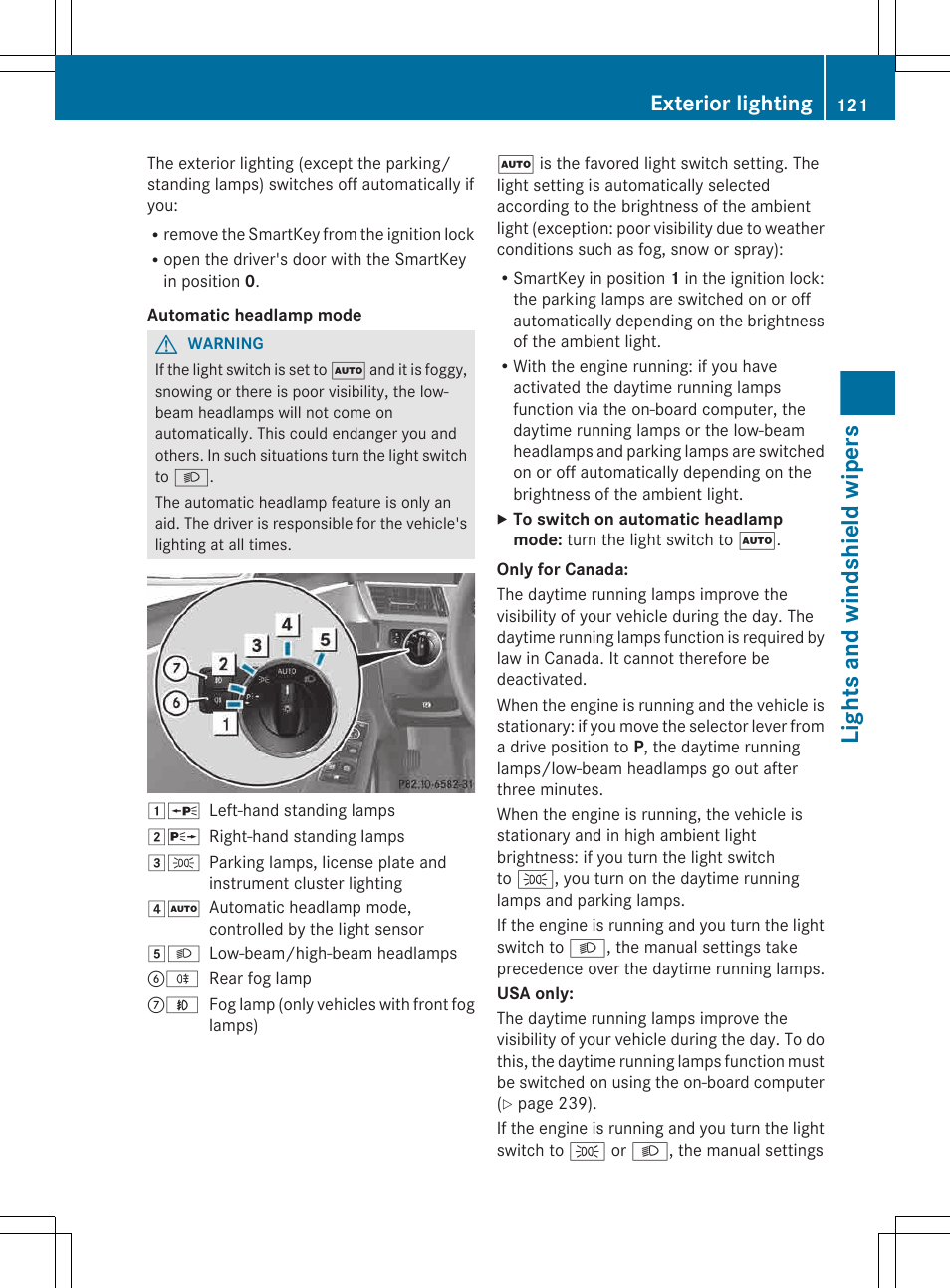 Lights and windshield wipers, Exterior lighting | Mercedes-Benz E-Wagon 2013 Owners Manual User Manual | Page 123 / 420