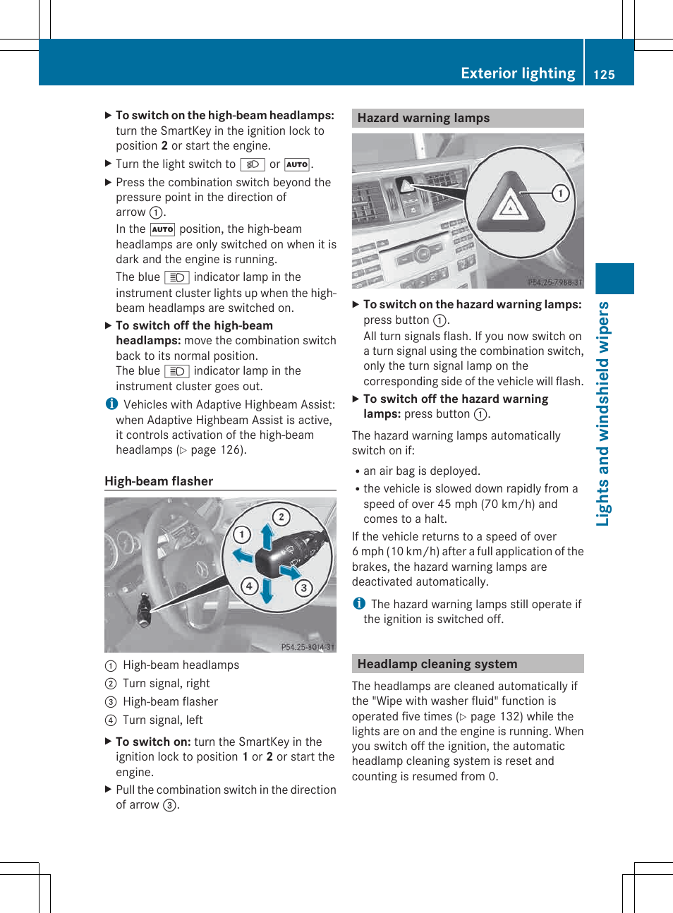 Hazard warning lamps, Headlamp cleaning system, Lights and windshield wipers | Exterior lighting | Mercedes-Benz E-Wagon 2013 Owners Manual User Manual | Page 127 / 420