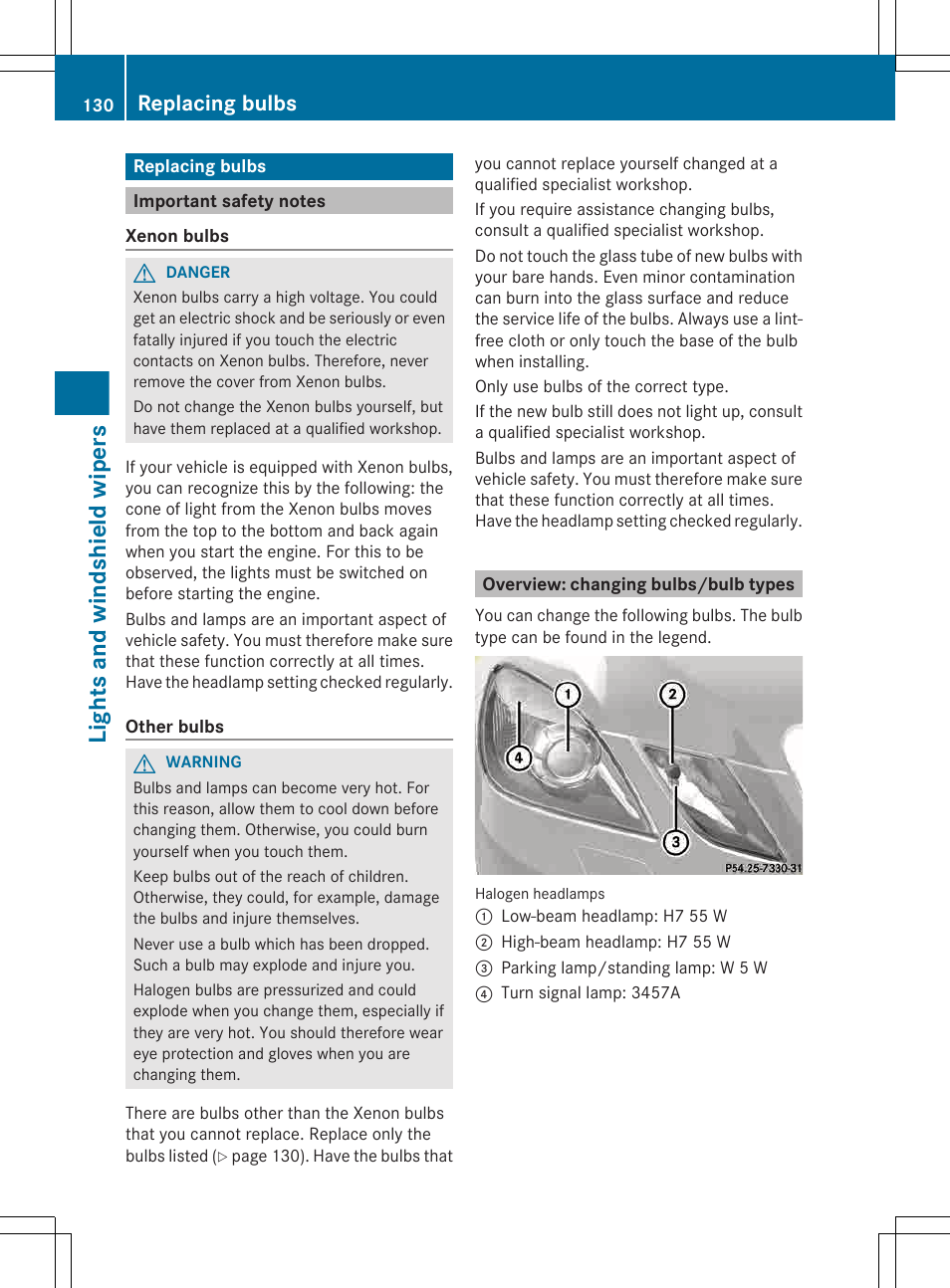 Replacing bulbs, Important safety notes, Overview: changing bulbs/bulb types | Lights and windshield wipers | Mercedes-Benz E-Wagon 2013 Owners Manual User Manual | Page 132 / 420