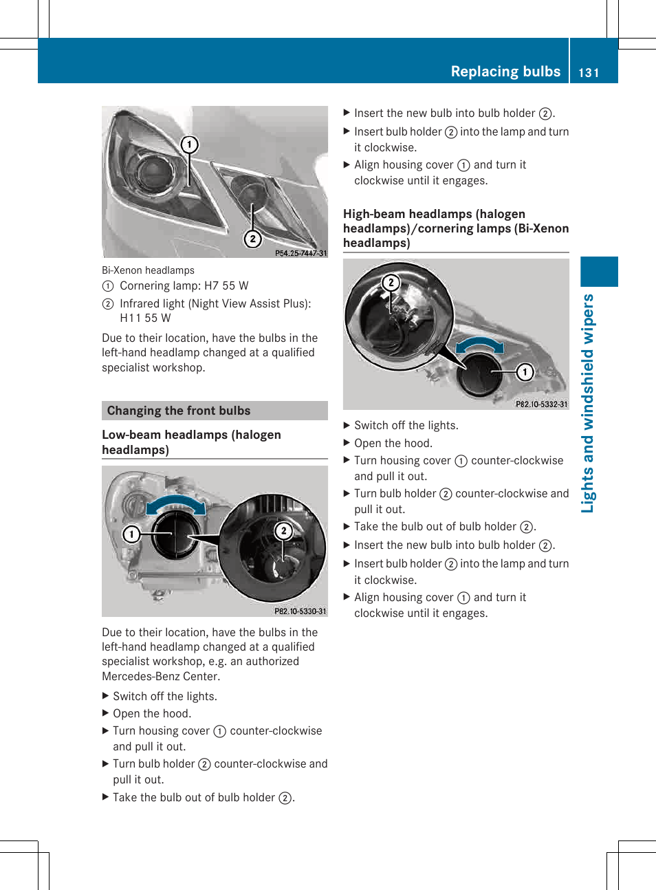 Changing the front bulbs, Lights and windshield wipers, Replacing bulbs | Mercedes-Benz E-Wagon 2013 Owners Manual User Manual | Page 133 / 420