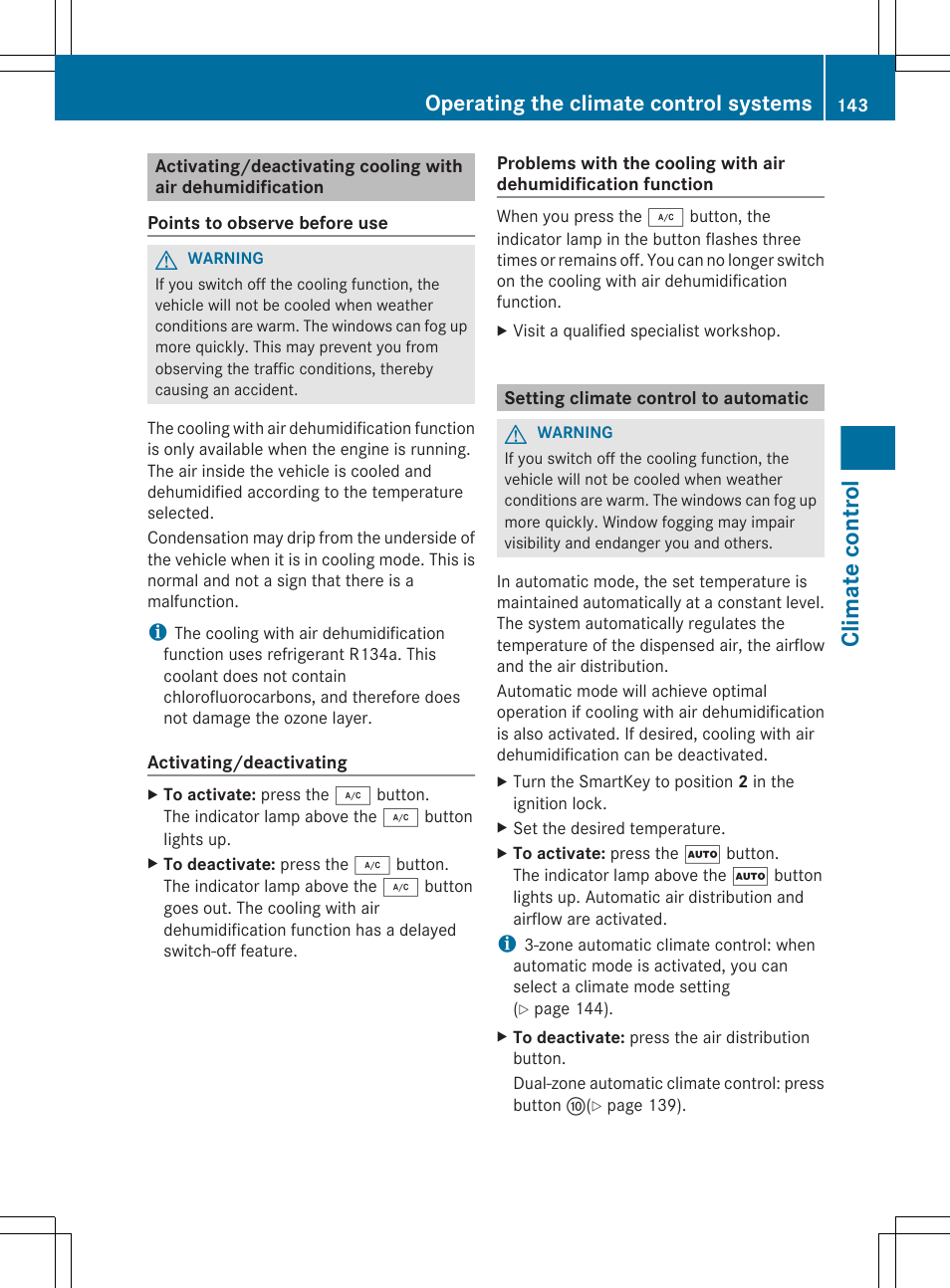 Setting climate control to automatic, Climate control, Operating the climate control systems | Mercedes-Benz E-Wagon 2013 Owners Manual User Manual | Page 145 / 420