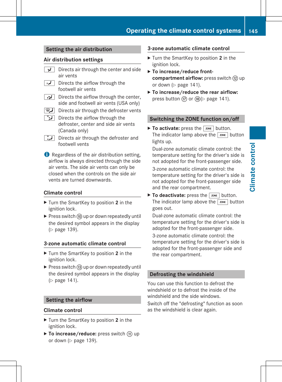 Setting the air distribution, Setting the airflow, Switching the zone function on/off | Defrosting the windshield, Climate control, Operating the climate control systems | Mercedes-Benz E-Wagon 2013 Owners Manual User Manual | Page 147 / 420