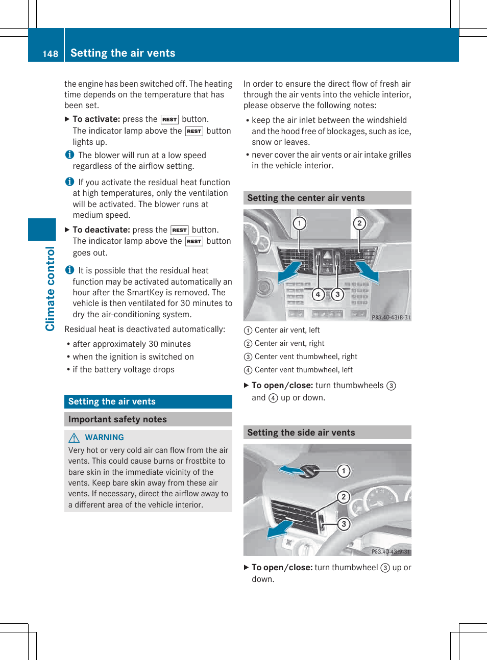 Setting the air vents, Important safety notes, Setting the center air vents | Setting the side air vents, Climate control | Mercedes-Benz E-Wagon 2013 Owners Manual User Manual | Page 150 / 420