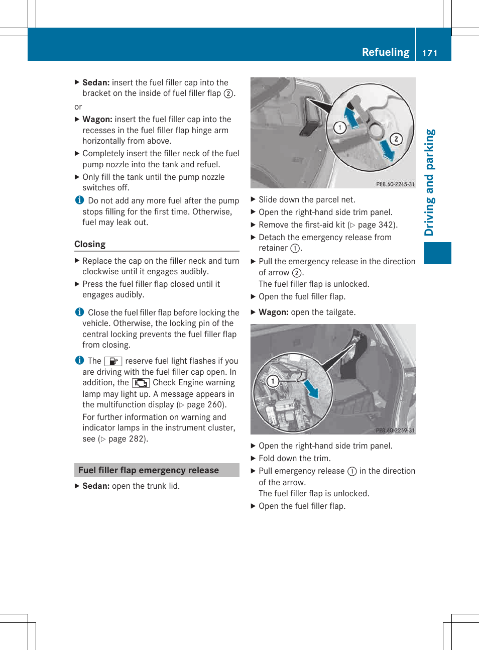 Fuel filler flap emergency release, Driving and parking, Refueling | Mercedes-Benz E-Wagon 2013 Owners Manual User Manual | Page 173 / 420