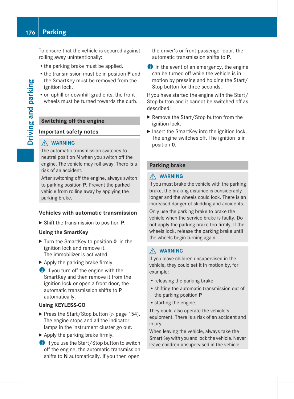 Switching off the engine, Parking brake, Driving and parking | Parking | Mercedes-Benz E-Wagon 2013 Owners Manual User Manual | Page 178 / 420