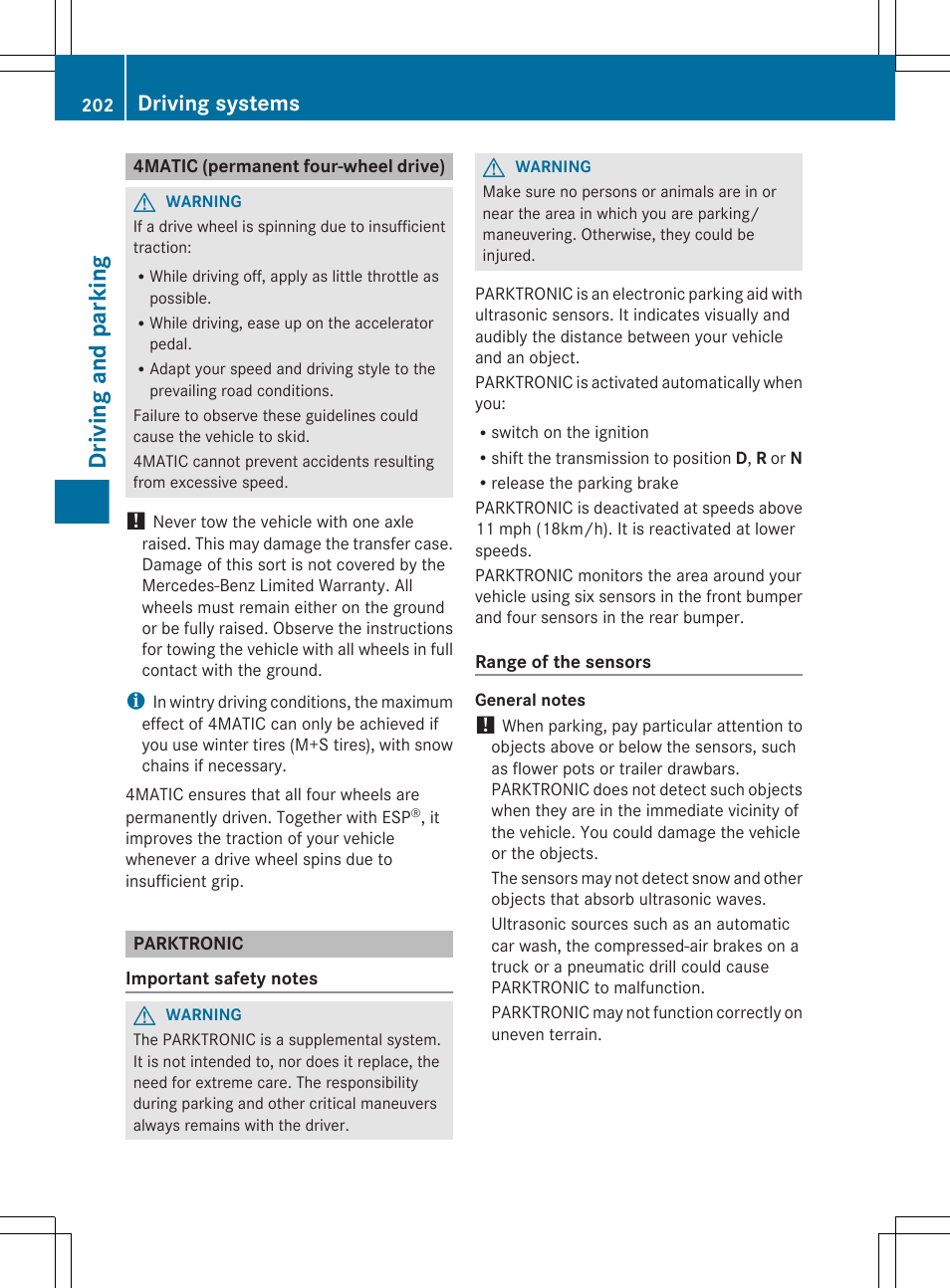 4matic (permanent four-wheel drive), Parktronic, Driving and parking | Driving systems | Mercedes-Benz E-Wagon 2013 Owners Manual User Manual | Page 204 / 420