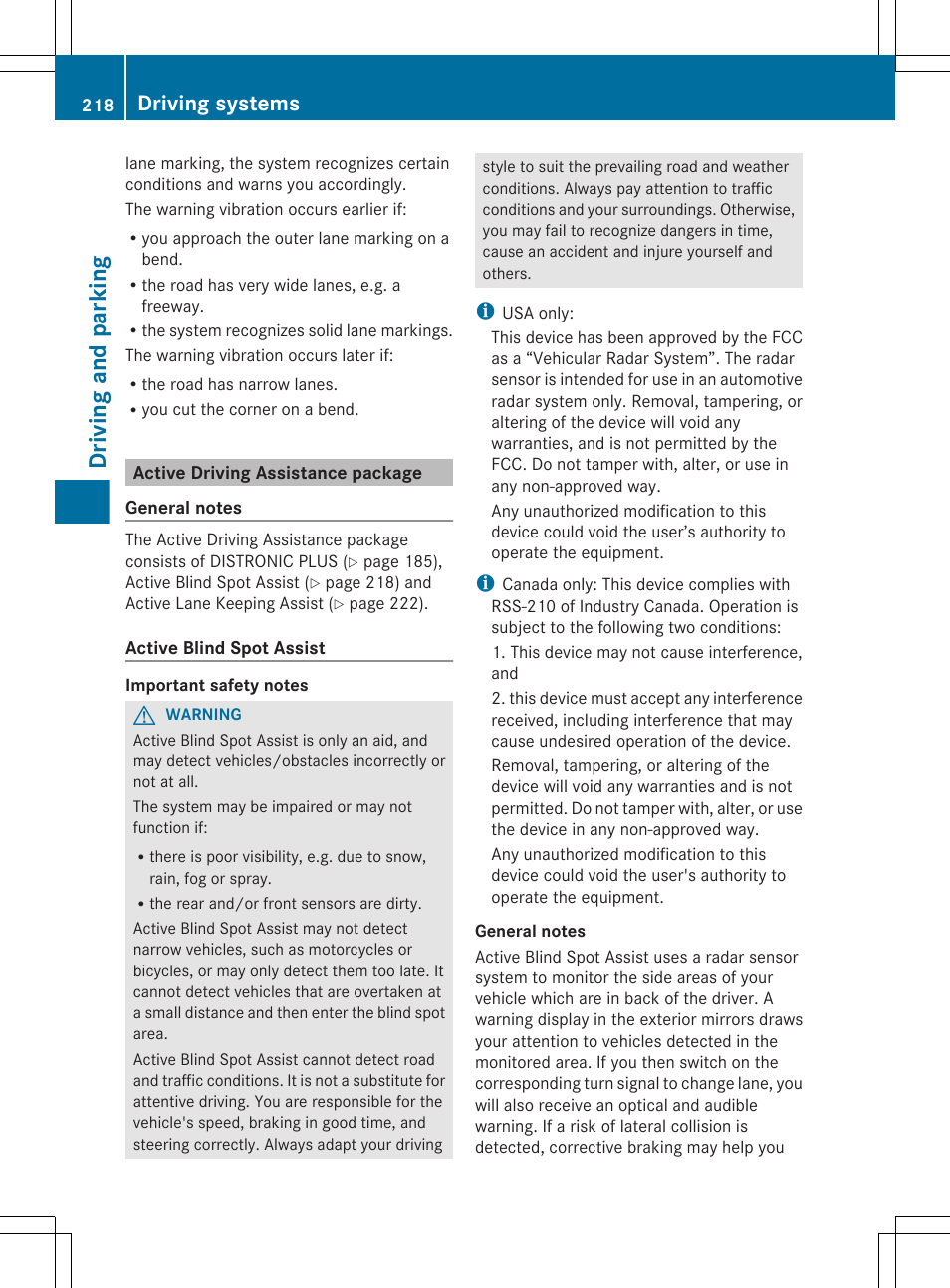 Active driving assistance package, Driving and parking, Driving systems | Mercedes-Benz E-Wagon 2013 Owners Manual User Manual | Page 220 / 420