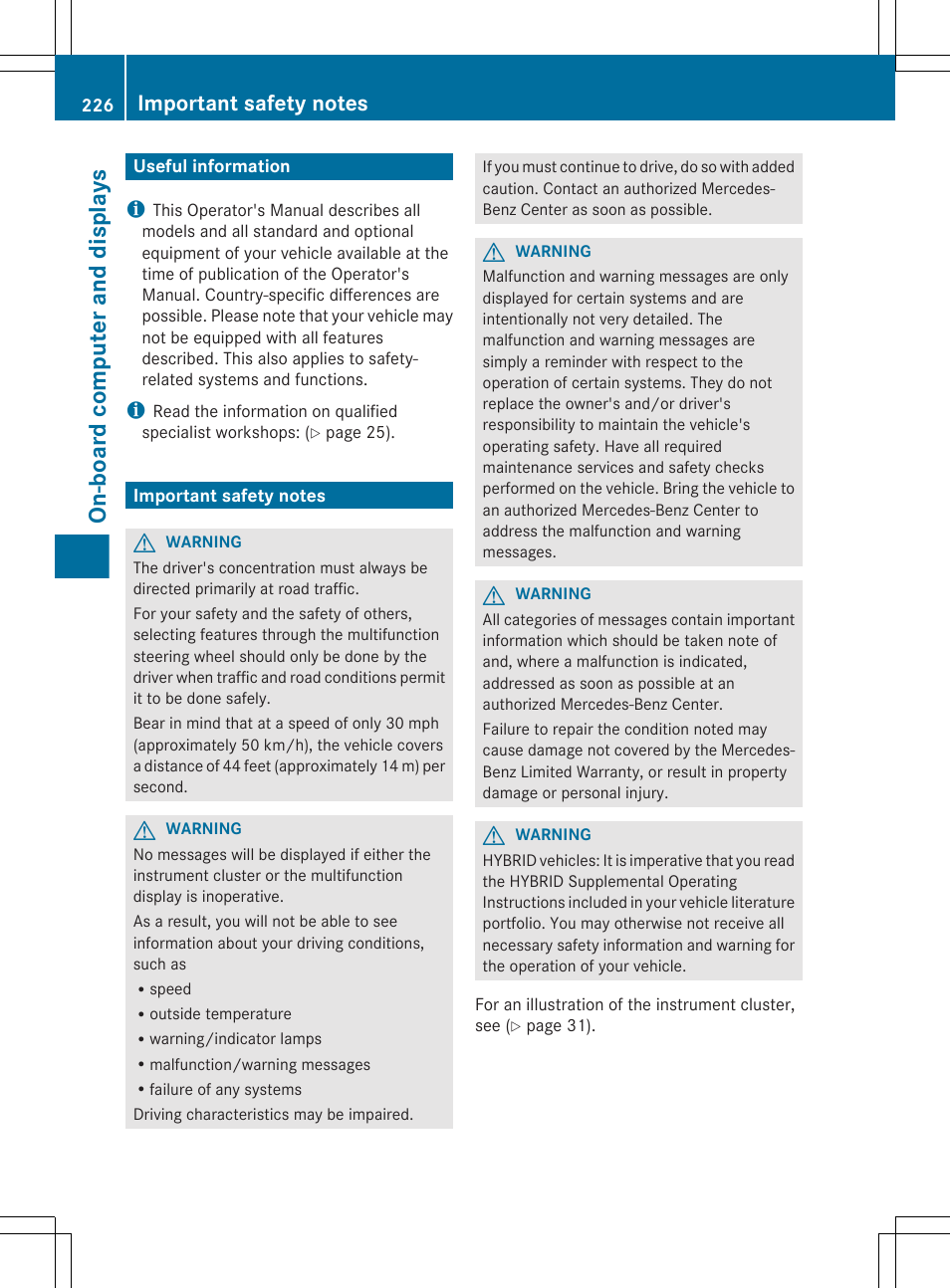 On-board computer and displays, Useful information, Important safety notes | Mercedes-Benz E-Wagon 2013 Owners Manual User Manual | Page 228 / 420