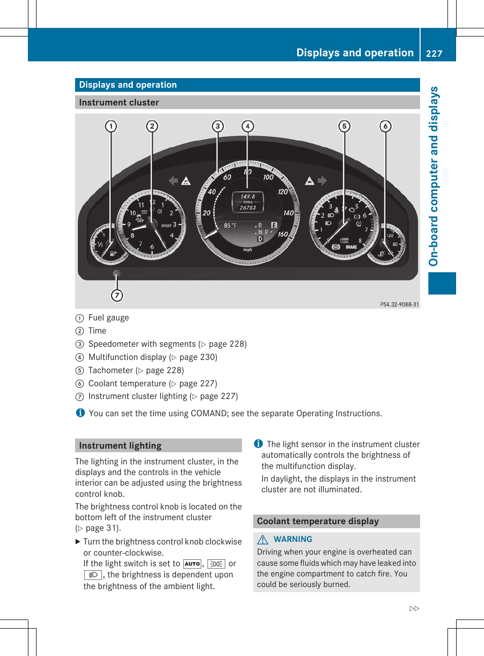 Displays and operation, Instrument cluster, Instrument lighting | Coolant temperature display, On-board computer and displays | Mercedes-Benz E-Wagon 2013 Owners Manual User Manual | Page 229 / 420