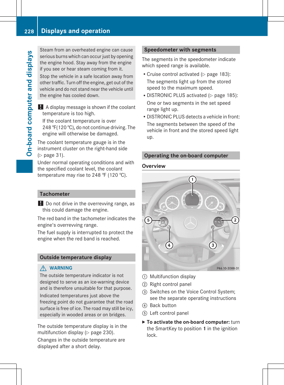 Tachometer, Outside temperature display, Speedometer with segments | Operating the on-board computer, On-board computer and displays, Displays and operation | Mercedes-Benz E-Wagon 2013 Owners Manual User Manual | Page 230 / 420