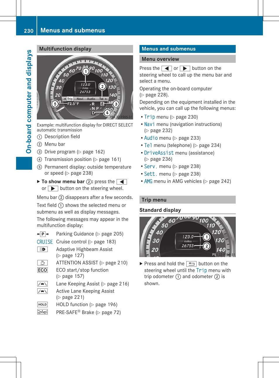 Multifunction display, Menus and submenus, Menu overview | Trip menu, On-board computer and displays | Mercedes-Benz E-Wagon 2013 Owners Manual User Manual | Page 232 / 420