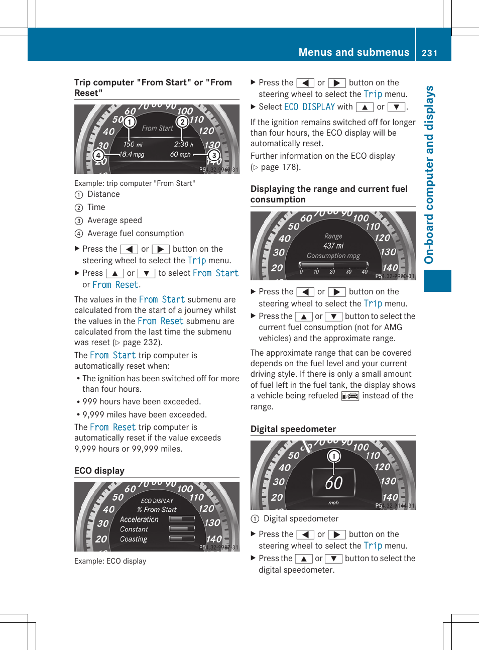 On-board computer and displays, Menus and submenus | Mercedes-Benz E-Wagon 2013 Owners Manual User Manual | Page 233 / 420