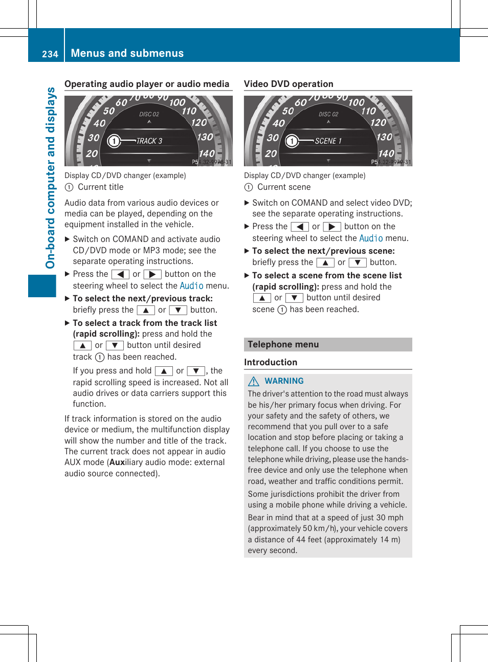 Telephone menu, On-board computer and displays, Menus and submenus | Mercedes-Benz E-Wagon 2013 Owners Manual User Manual | Page 236 / 420