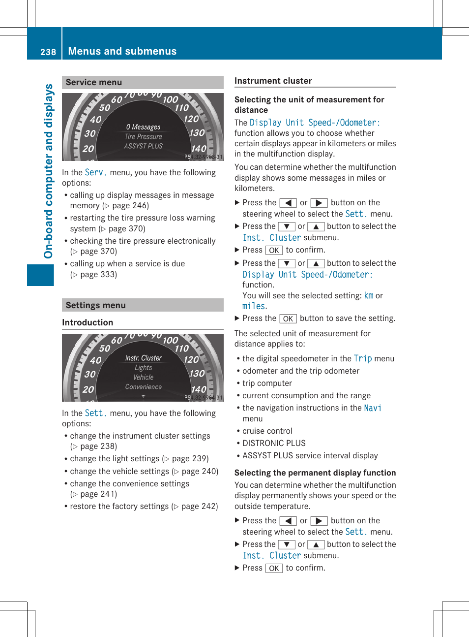 Service menu, Settings menu, On-board computer and displays | Menus and submenus | Mercedes-Benz E-Wagon 2013 Owners Manual User Manual | Page 240 / 420