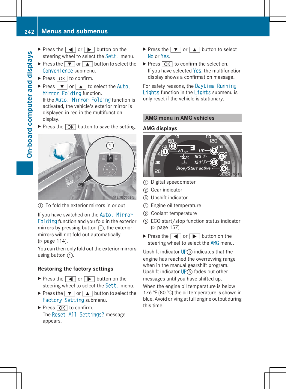 Amg menu in amg vehicles, On-board computer and displays, Menus and submenus | Mercedes-Benz E-Wagon 2013 Owners Manual User Manual | Page 244 / 420