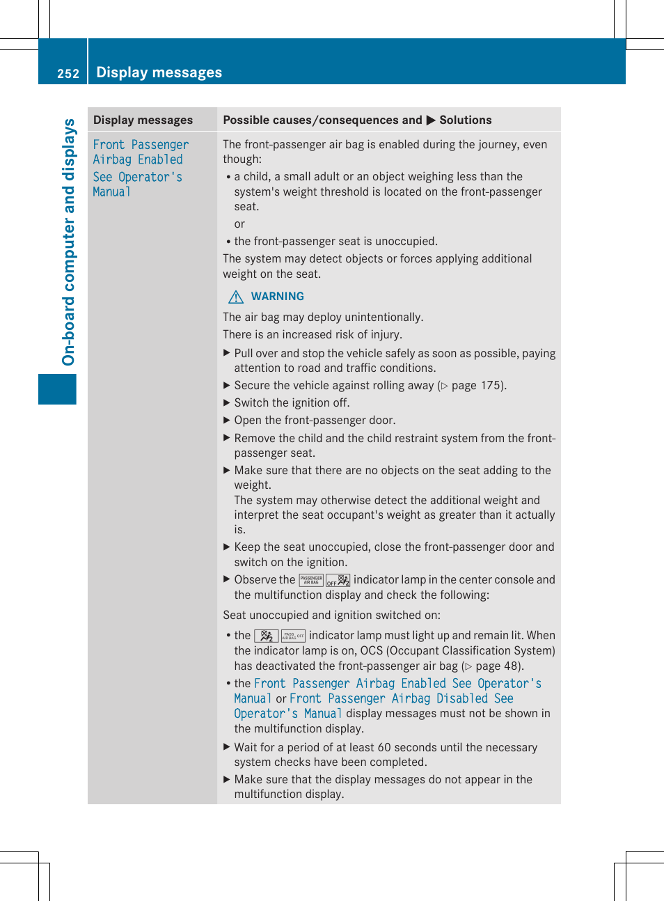 On-board computer and displays, Display messages | Mercedes-Benz E-Wagon 2013 Owners Manual User Manual | Page 254 / 420