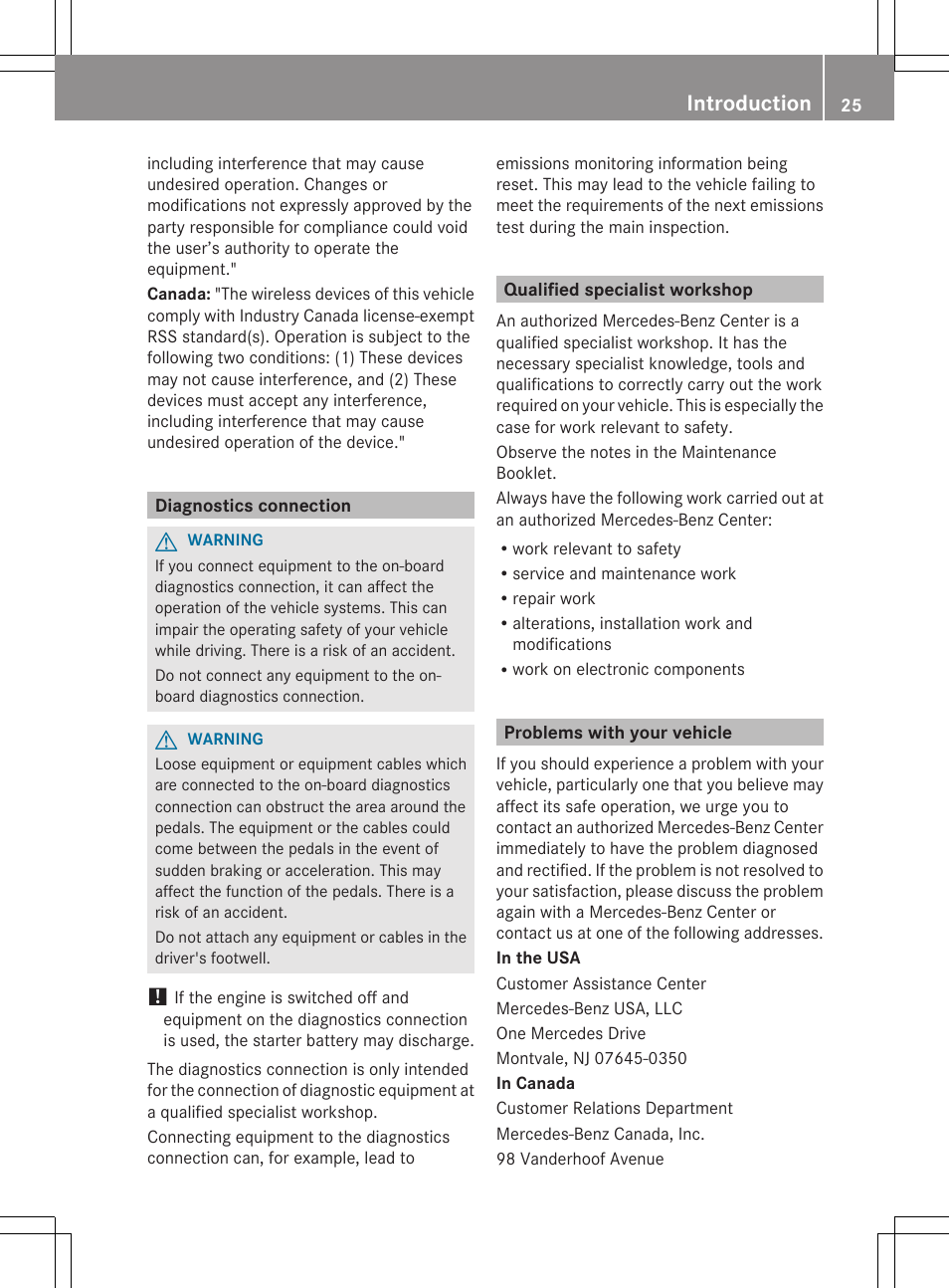 Diagnostics connection, Qualified specialist workshop, Problems with your vehicle | Introduction | Mercedes-Benz E-Wagon 2013 Owners Manual User Manual | Page 27 / 420