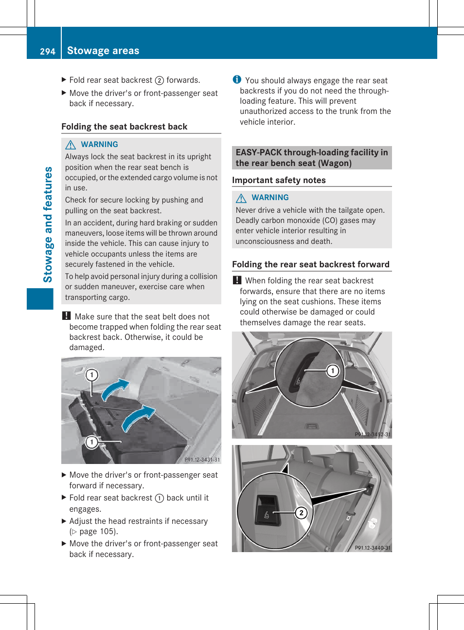 Stowage and features, Stowage areas | Mercedes-Benz E-Wagon 2013 Owners Manual User Manual | Page 296 / 420