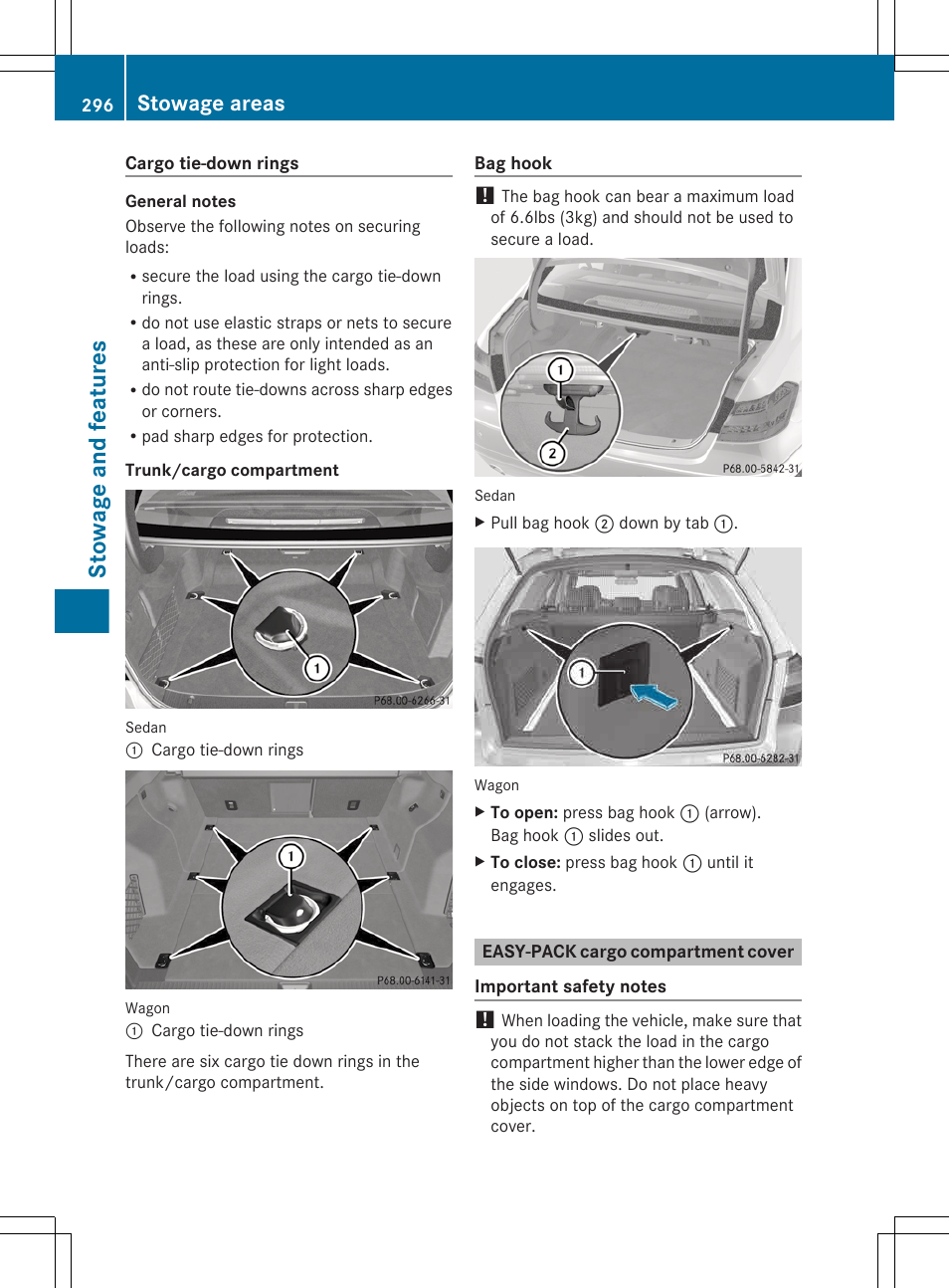 Easy-pack cargo compartment cover, Stowage and features, Stowage areas | Mercedes-Benz E-Wagon 2013 Owners Manual User Manual | Page 298 / 420