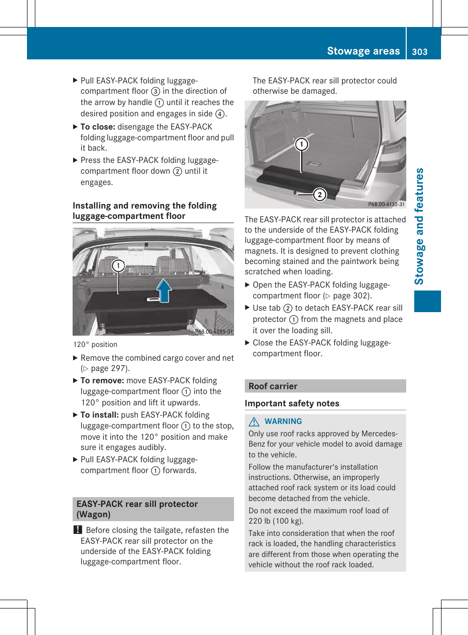 Easy-pack rear sill protector (wagon), Roof carrier, Stowage and features | Stowage areas | Mercedes-Benz E-Wagon 2013 Owners Manual User Manual | Page 305 / 420