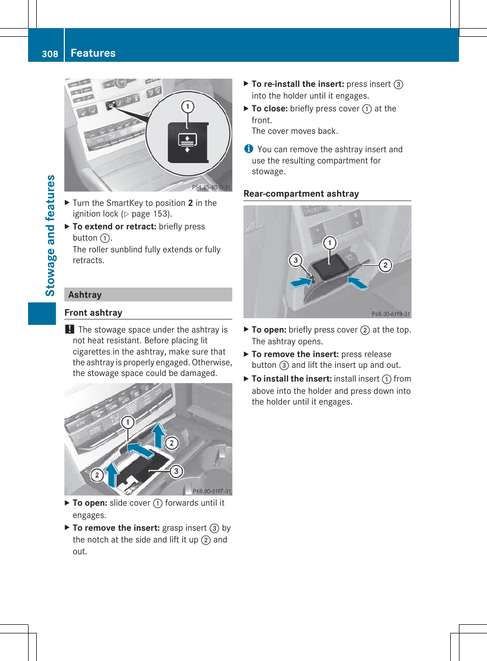 Ashtray, Stowage and features, Features | Mercedes-Benz E-Wagon 2013 Owners Manual User Manual | Page 310 / 420