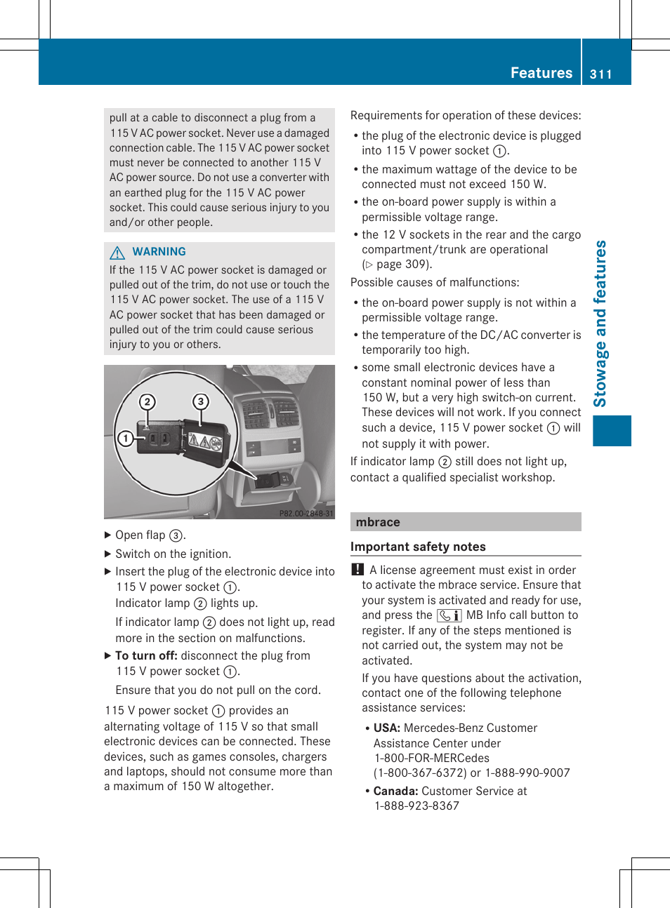 Mbrace, Stowage and features, Features | Mercedes-Benz E-Wagon 2013 Owners Manual User Manual | Page 313 / 420