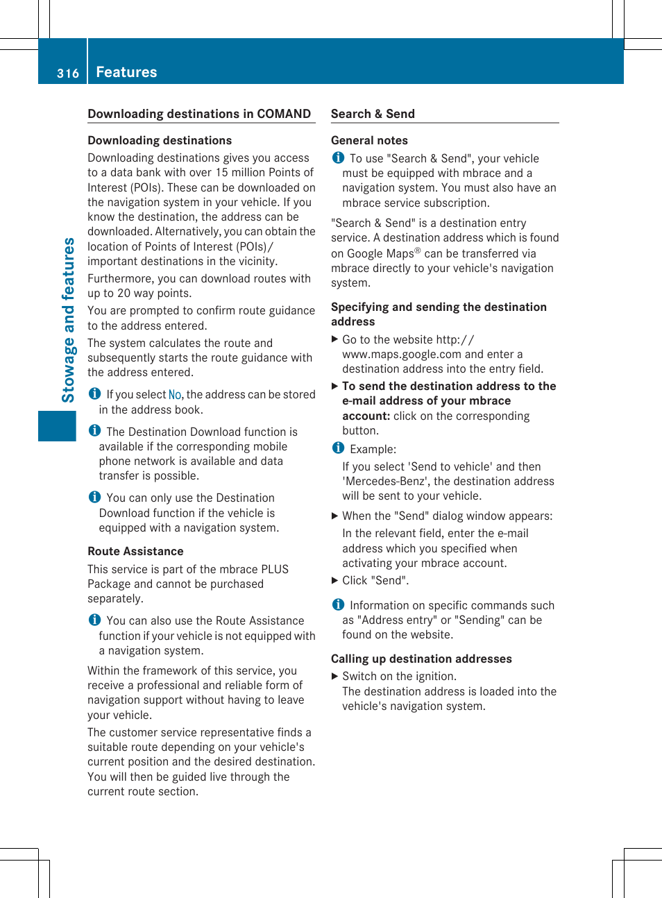 Stowage and features, Features | Mercedes-Benz E-Wagon 2013 Owners Manual User Manual | Page 318 / 420