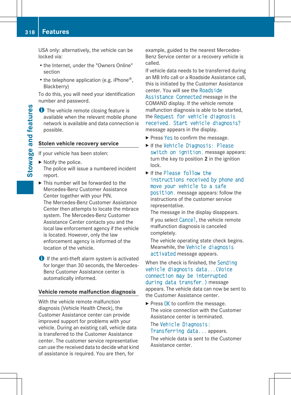 Stowage and features, Features | Mercedes-Benz E-Wagon 2013 Owners Manual User Manual | Page 320 / 420