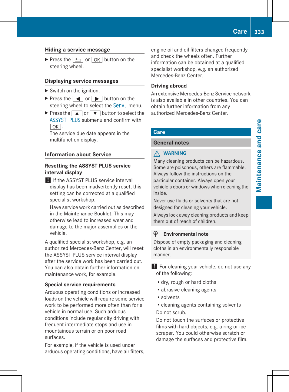 Care, General notes, Maintenance and care | Mercedes-Benz E-Wagon 2013 Owners Manual User Manual | Page 335 / 420