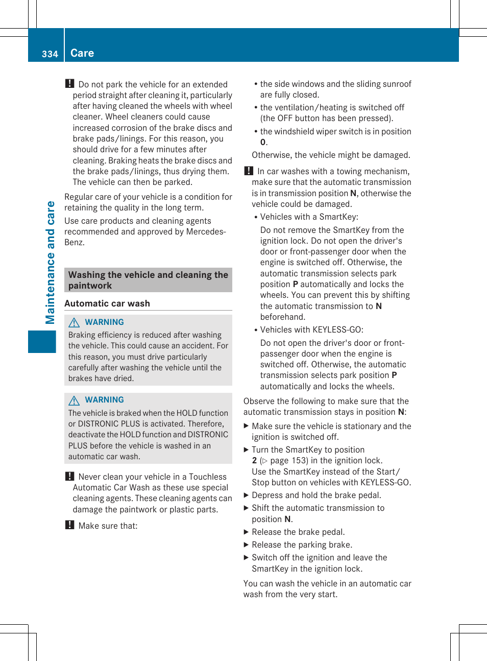 Washing the vehicle and cleaning the paintwork, Maintenance and care, Care | Mercedes-Benz E-Wagon 2013 Owners Manual User Manual | Page 336 / 420