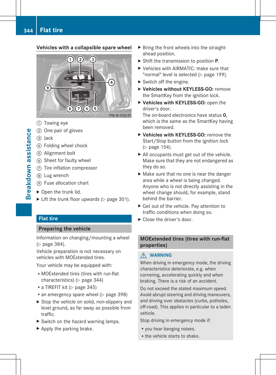 Flat tire, Preparing the vehicle, Moextended tires (tires with run-flat properties) | Breakdown assistance | Mercedes-Benz E-Wagon 2013 Owners Manual User Manual | Page 346 / 420