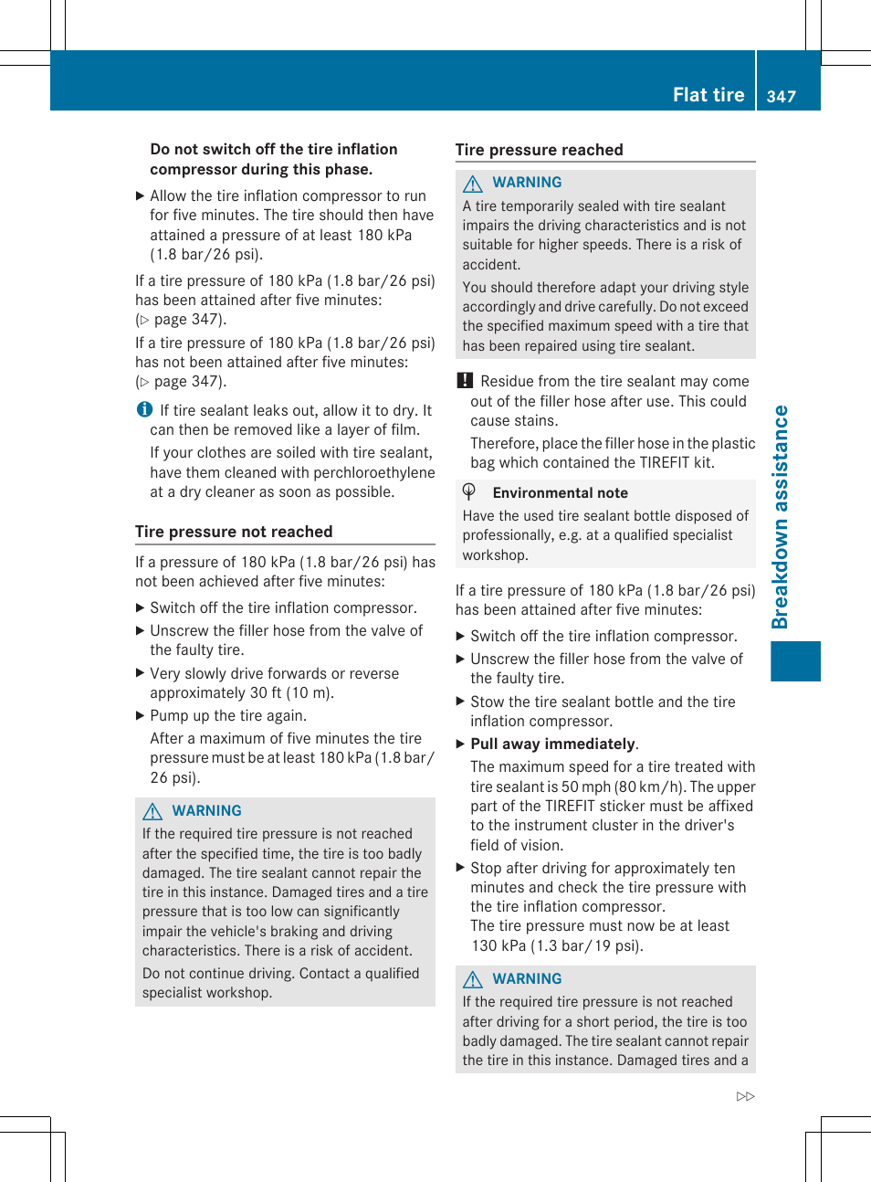 Breakdown assistance, Flat tire | Mercedes-Benz E-Wagon 2013 Owners Manual User Manual | Page 349 / 420