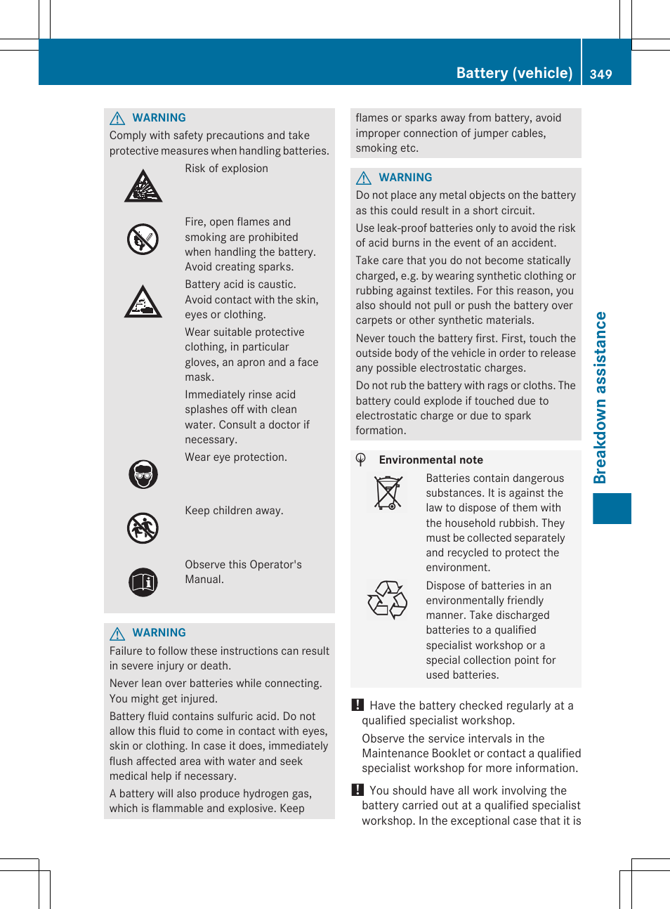 Breakdown assistance, Battery (vehicle) | Mercedes-Benz E-Wagon 2013 Owners Manual User Manual | Page 351 / 420