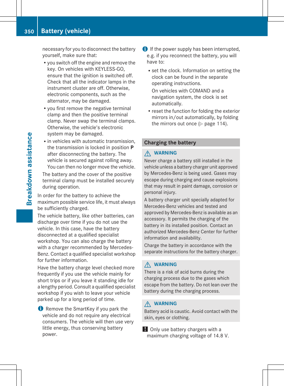 Charging the battery, Breakdown assistance, Battery (vehicle) | Mercedes-Benz E-Wagon 2013 Owners Manual User Manual | Page 352 / 420