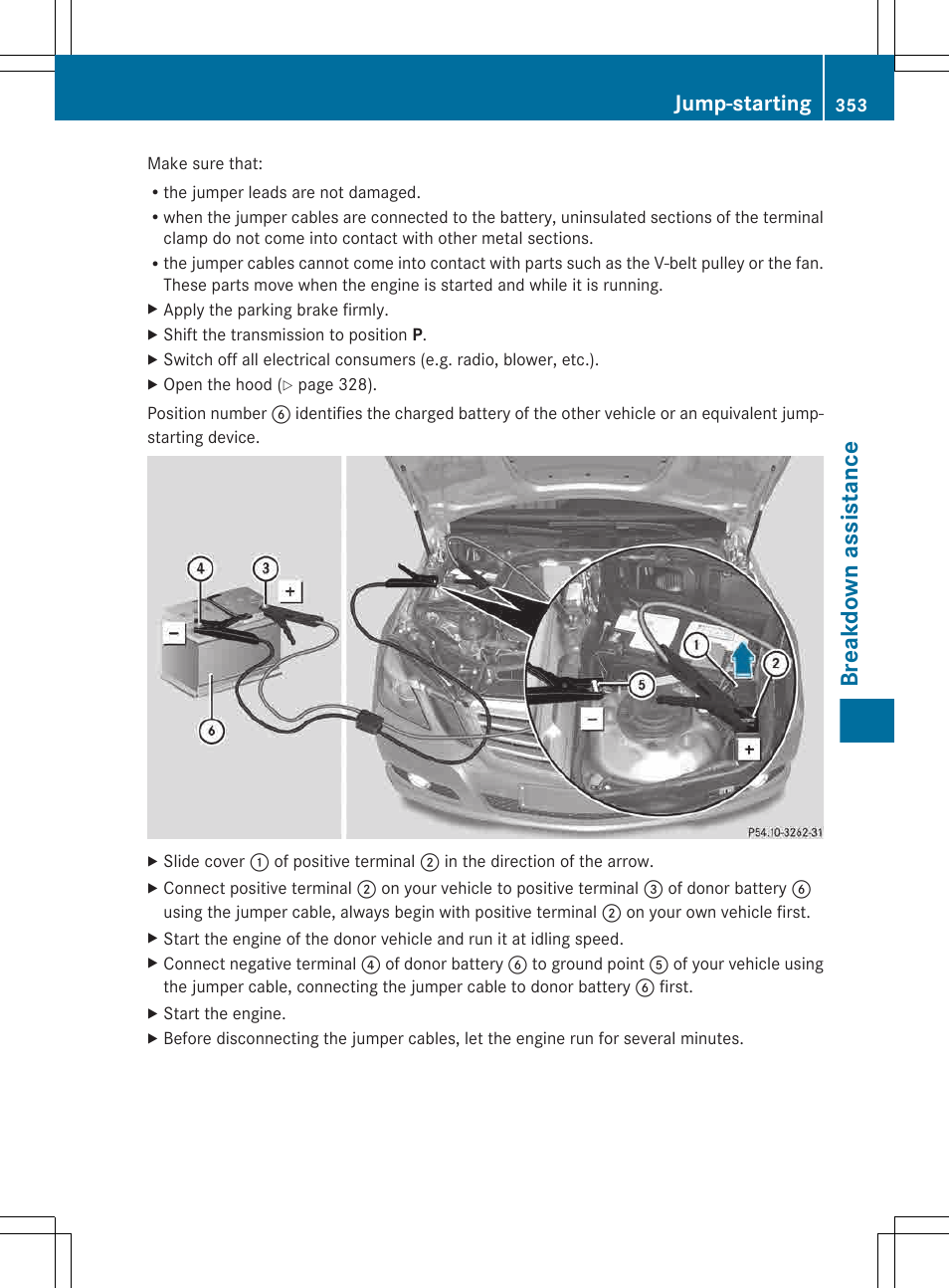 Breakdown assistance, Jump-starting | Mercedes-Benz E-Wagon 2013 Owners Manual User Manual | Page 355 / 420