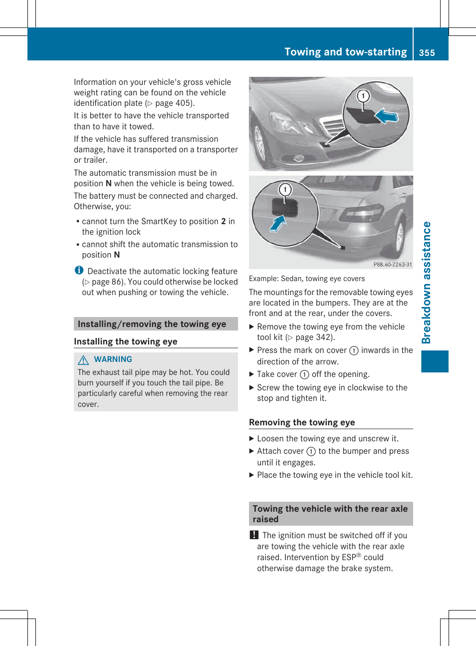 Installing/removing the towing eye, Towing the vehicle with the rear axle raised, Breakdown assistance | Towing and tow-starting | Mercedes-Benz E-Wagon 2013 Owners Manual User Manual | Page 357 / 420