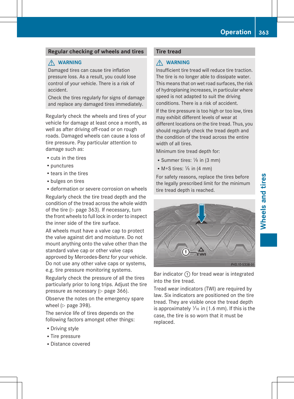 Regular checking of wheels and tires, Tire tread, Wheels and tires | Operation | Mercedes-Benz E-Wagon 2013 Owners Manual User Manual | Page 365 / 420