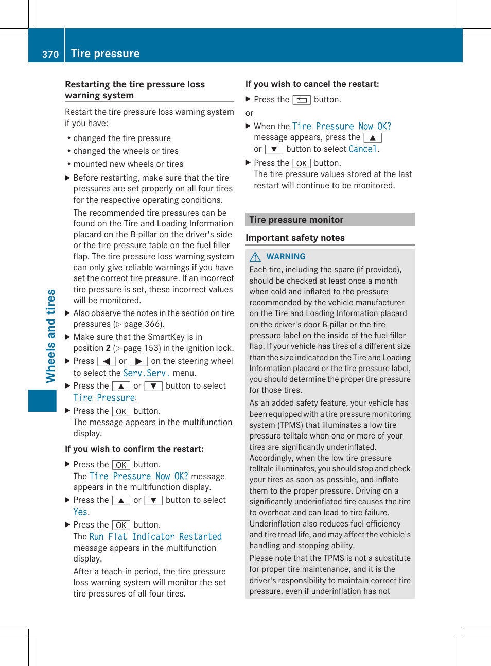 Tire pressure monitor, Wheels and tires, Tire pressure | Mercedes-Benz E-Wagon 2013 Owners Manual User Manual | Page 372 / 420