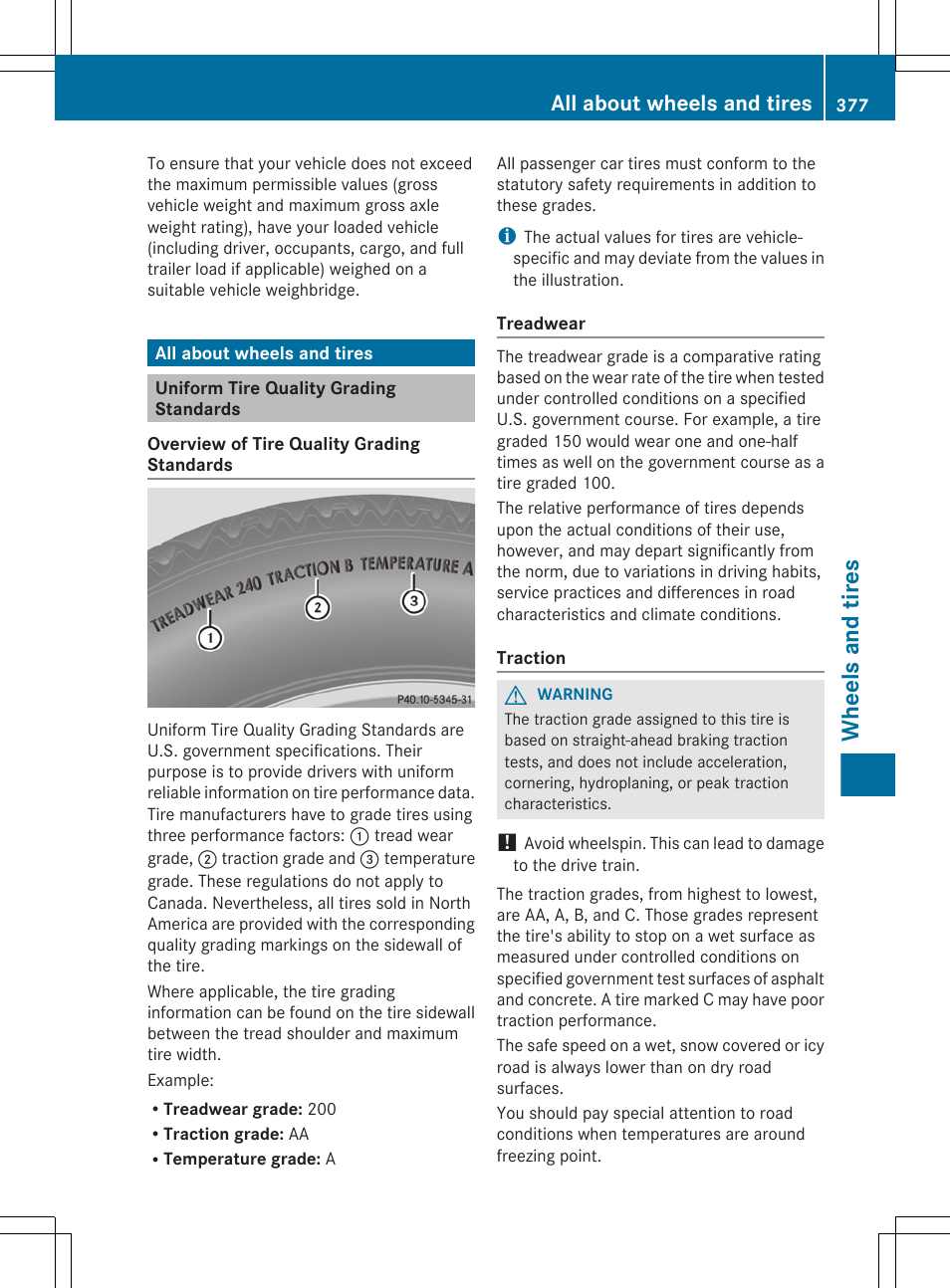 All about wheels and tires, Uniform tire quality grading standards, Wheels and tires | Mercedes-Benz E-Wagon 2013 Owners Manual User Manual | Page 379 / 420