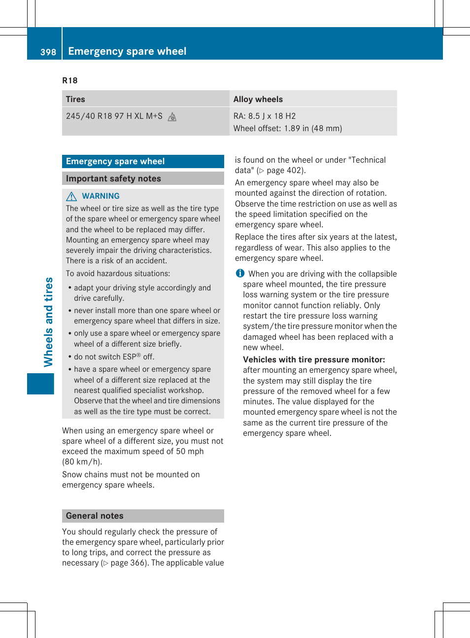 Emergency spare wheel, Important safety notes, General notes | Wheels and tires | Mercedes-Benz E-Wagon 2013 Owners Manual User Manual | Page 400 / 420