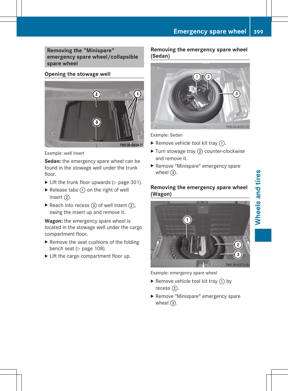 Wheels and tires, Emergency spare wheel | Mercedes-Benz E-Wagon 2013 Owners Manual User Manual | Page 401 / 420