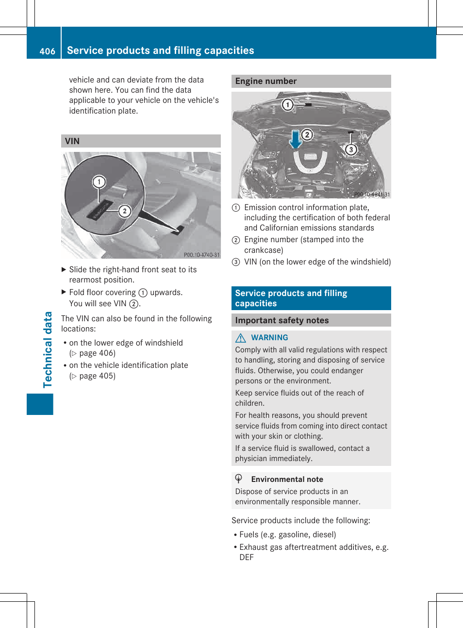 Engine number, Service products and filling capacities, Important safety notes | Technical data | Mercedes-Benz E-Wagon 2013 Owners Manual User Manual | Page 408 / 420